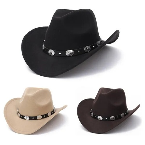 Western Cowboy, Cowgirl Hat, Silver Strap, Men Women Retro Wide Brim, Adjustable - Picture 4 of 71