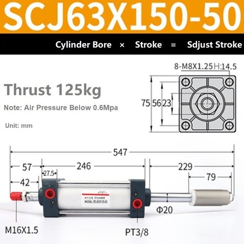 SCJ63×25-50-300 Pneumatic Small Standard Cylinder Large Thrust Adjustable Stroke - Picture 17 of 25