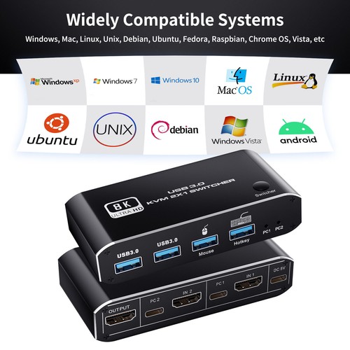 Commutateur KVM HDMI 2.1 4K 120Hz 8K Double Port USB 3.0 KVM Commutateur avec Hotkey f - Photo 9/15