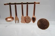 Dollhouse Miniature Copper Utensils with hanging Wall Bracket IM65055