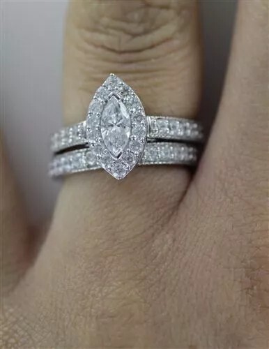2.55Ct Marquise E-F VVS1 Real Moissanite 14k White Gold Plated Wedding Ring Set - Picture 3 of 4