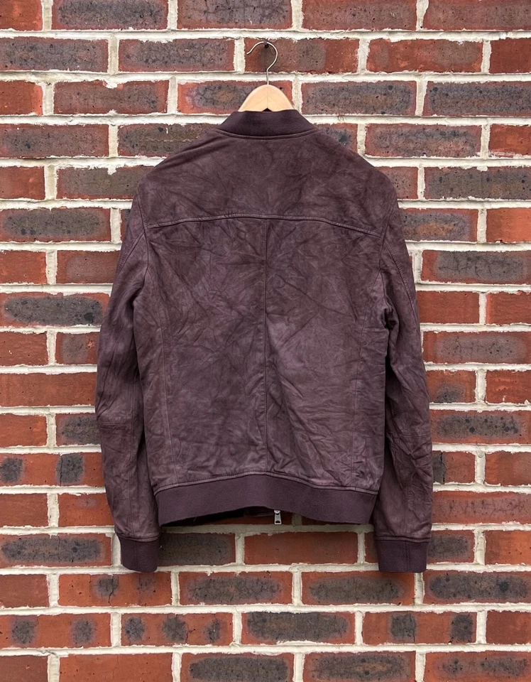 All Saints Mens KAIGO Suede Bomber Jacket XL Leather AllSaints Distressed Red Br - Image 3 of 4