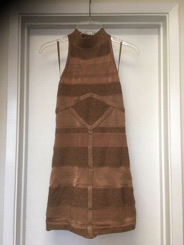 ARDEN B Brown Tan Metallic Sparkle BodyCon Bandage Dress Cut Out Back Medium EUC - Picture 2 of 10