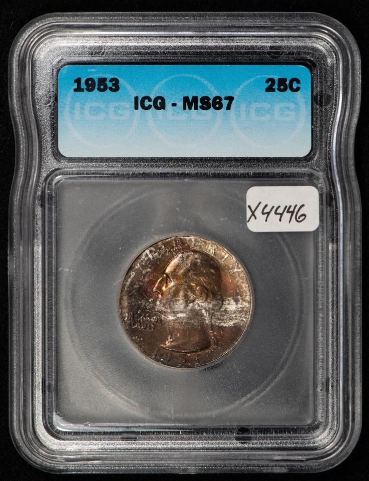 1953 25c Washington Quarter - PQ Thick Rainbow Toning - ICG MS 67 - VIDEO- X4446 - Image 2 of 4