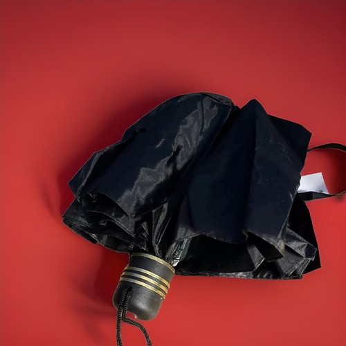 Mini Compact Black Purse Umbrella Gold Ring With Nylon Carry Handle