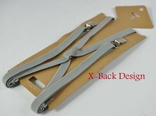 Men Silver Grey X-BACK Skinny 15mm Elastic Suspenders Braces 4 Clips Wedding