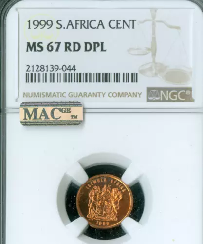 1999 SOUTH AFRICA CENT NGC MS67 RD DPL  MAC SPOTLESS RARE .