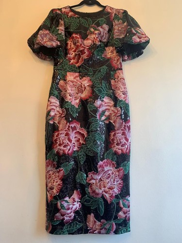 MARCHESA NOTTE Dress BUBBLE SLEEVE SEQUIN Midi FLORAL SEQUIN DETAILS SIZE 6 - Bild 4 von 17