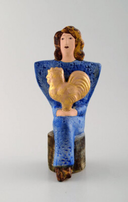 Very rare Lisa Larson unique figure of sitting woman in blue with golden rooster