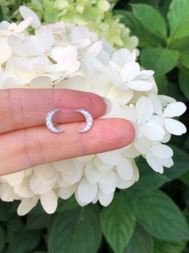 925 Sterling Silver Cz Pave Crescent Moon Stud Earrings Tiny Studs 9.5mm