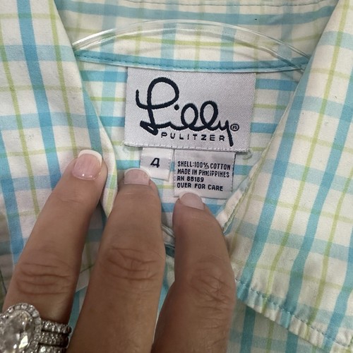 Lilly Pulitzer Blouse 4 Button Front Plaid Long Sleeve Summer Blue Lime Plaid - Picture 7 of 11