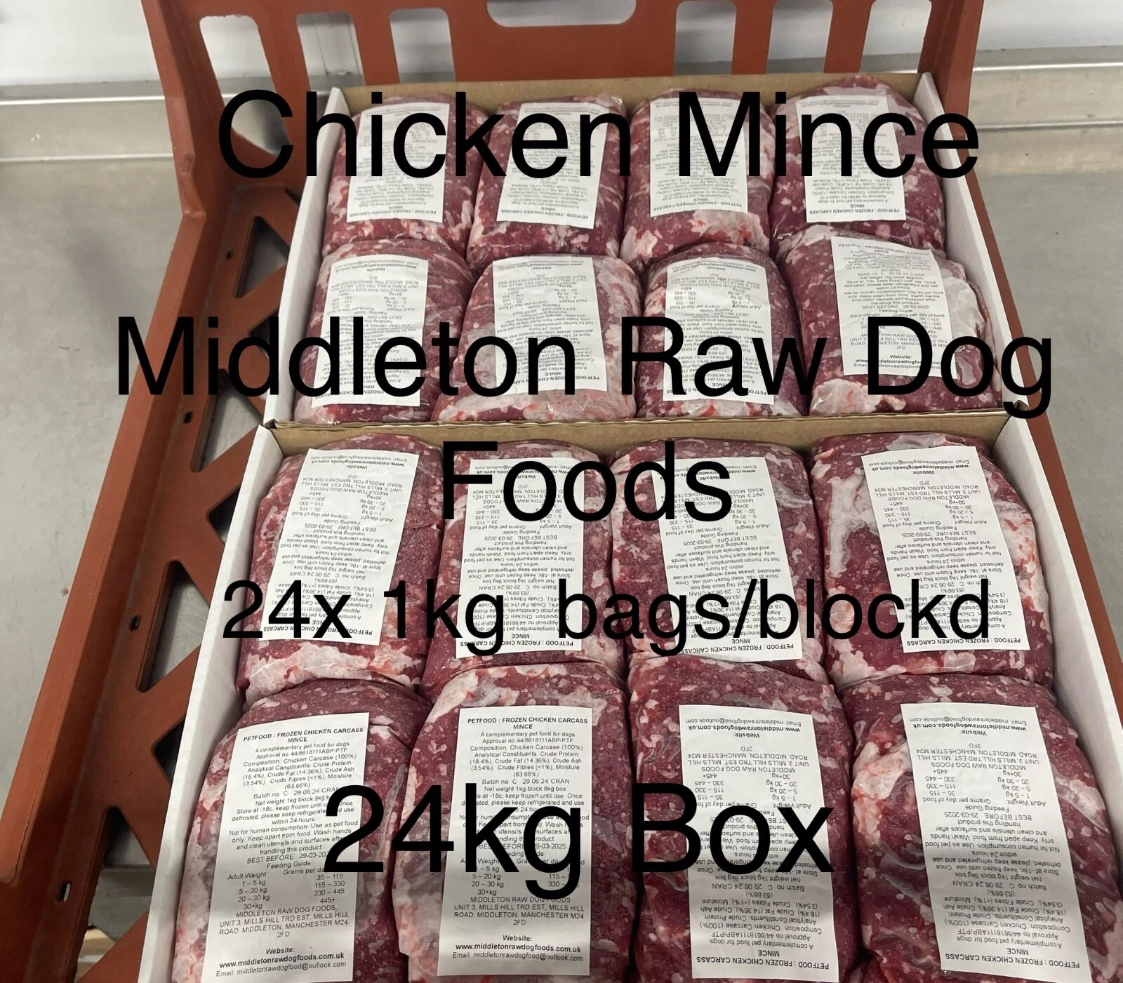 Dog Food Frozen Chicken Mince 24 x 1kg Blocks 24kg box. BARF RAW DIET delivered
Opens in a new windo