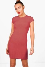 Boohoo Joanie Ribbed Cap Sleeved Bodycon Dress Chestnut UK 8 SALEb AA 07