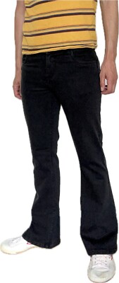 Herren Retro Schwarz Denim Bootcut Jeans 60er 70er Indie Mod Hippie Vintage Style