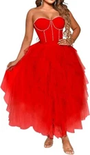 Women s Sexy Corset Bustier Layered Tulle Beaded A-Line Midi Long Dress