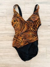 VNTG SIRENA II ONE PIECE SWIMSUIT 90'S ANIMAL PRINT BLACK COPPER FRONT WRAP S