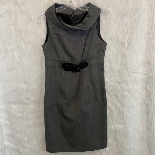 Career Dress Size 10 Black Midi Belted Sleeveless Pencil Collar Work Pinstripe - Bild 1 von 4