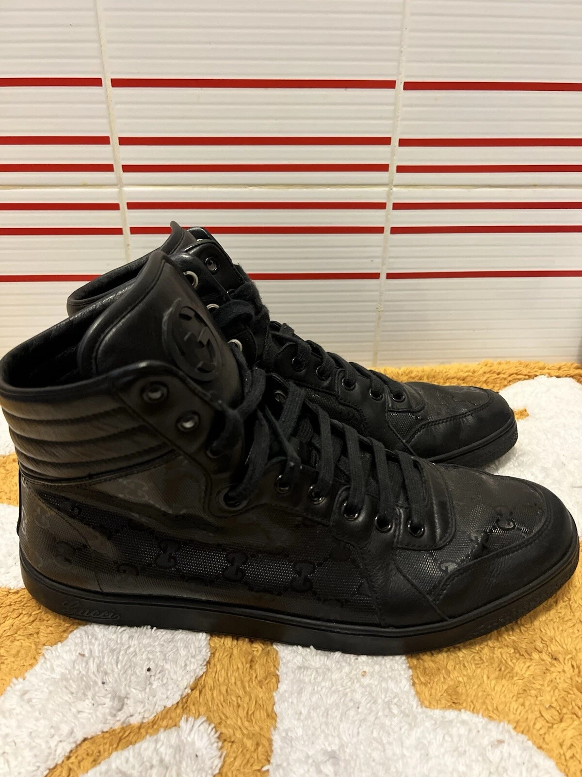 Gucci Noir Guccissima Homme 9 (US 9,5) Haut Cuir Noir Baskets Authentique