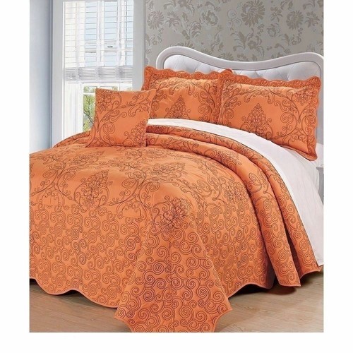 Orange Navy Blue Embroidered 4 pc Quilt Set Coverlet Queen King Bed Bedspread - Picture 2 of 2