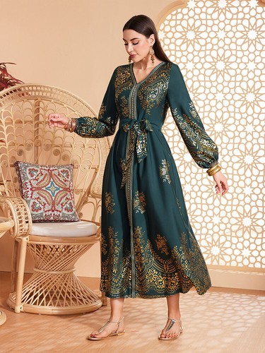 Dubai Muslim Women V-Neck Abaya Maxi Dress Kaftan Turkey Arab Islamic Cocktail - Foto 8 di 16