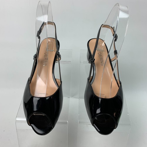 Wayderns Pumps Black Shiny Peep Almond Toe Slingback Buckle Block Heel Size 7.5 - Picture 5 of 10