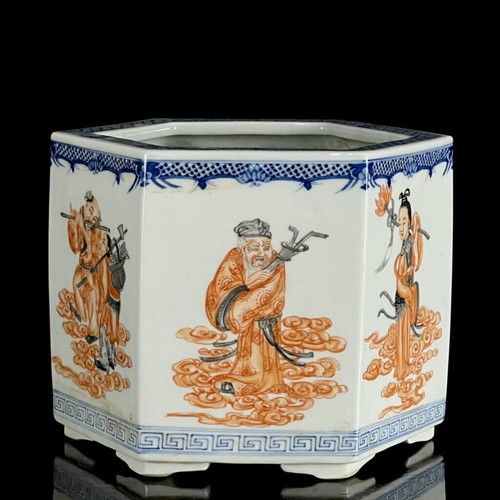 Qing Porcelain HandPainted Blue&white Alum red Eight story Immortals Brush Pot - Picture 3 of 9
