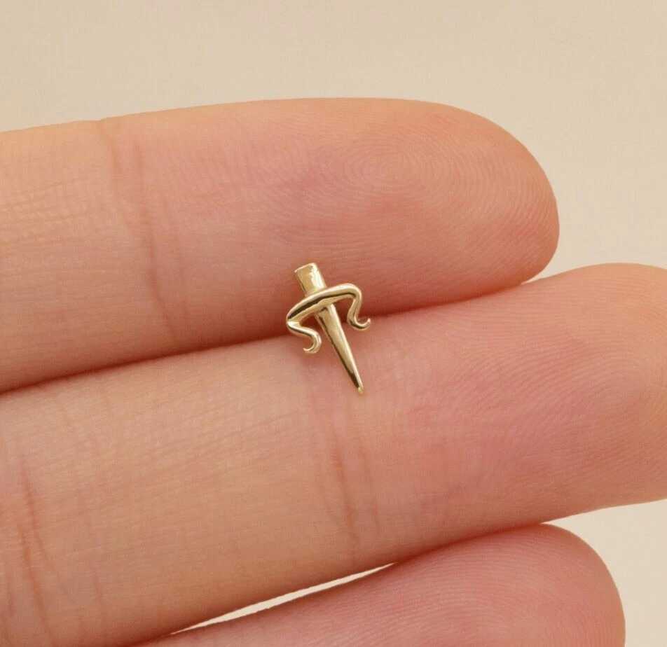 14K Solid Gold Dagger Stud Earrings For Women Cute Sword Piercings Jewelry. - Image 2 of 4
