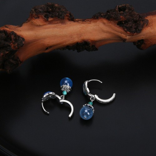 B25 Ohrringe Kreole mit buntem Fisch Kugel aus blauem Achat Silber 925 - Bild 2 von 5