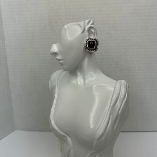 Retro Pierced Earrings 0.5in Silver Tone Faux Onyx Square Gold Trim Rope Estate - Picture 13 of 23