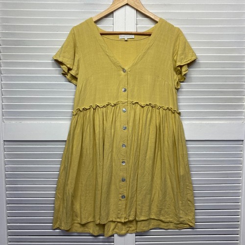 House of Sienna Dress Womens 10 Smock Button Up Pockets Linen Blend Citrus - Picture 1 of 10