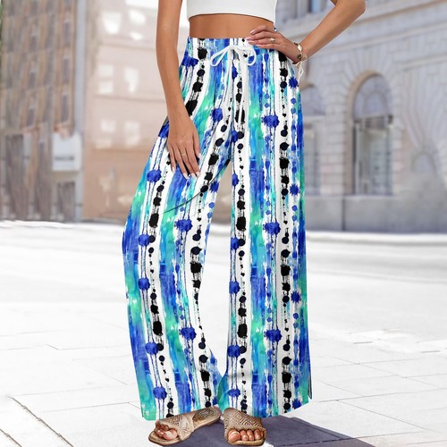 Women's Beach Palazzo Pants Lounge Wide Leg Loose Comfy Pull On Casual Trousers - Picture 18 of 39