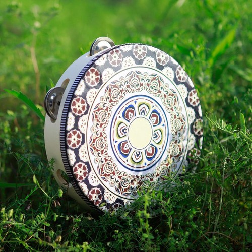 Pandereta con patrón de flores jingles de una fila de 8 pulgadas, timbre de madera tambor de mano - Imagen 12 de 12