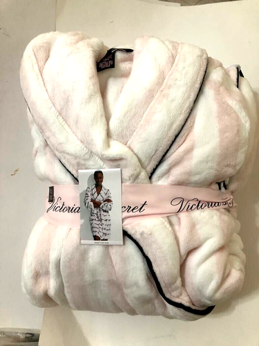 Victoria's Secret kuscheliger Plüsch Hoodie Morgenmantel pink & weiß gestreift XL/XXL neu mit Etikett - Bild 2 von 4