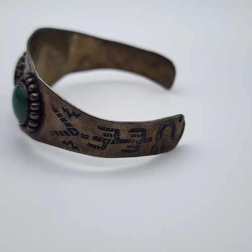Vintage Fred Harvey Navajo - Green Turquoise Stamped Silver Cuff Bangle - 6.8" - Picture 6 of 16