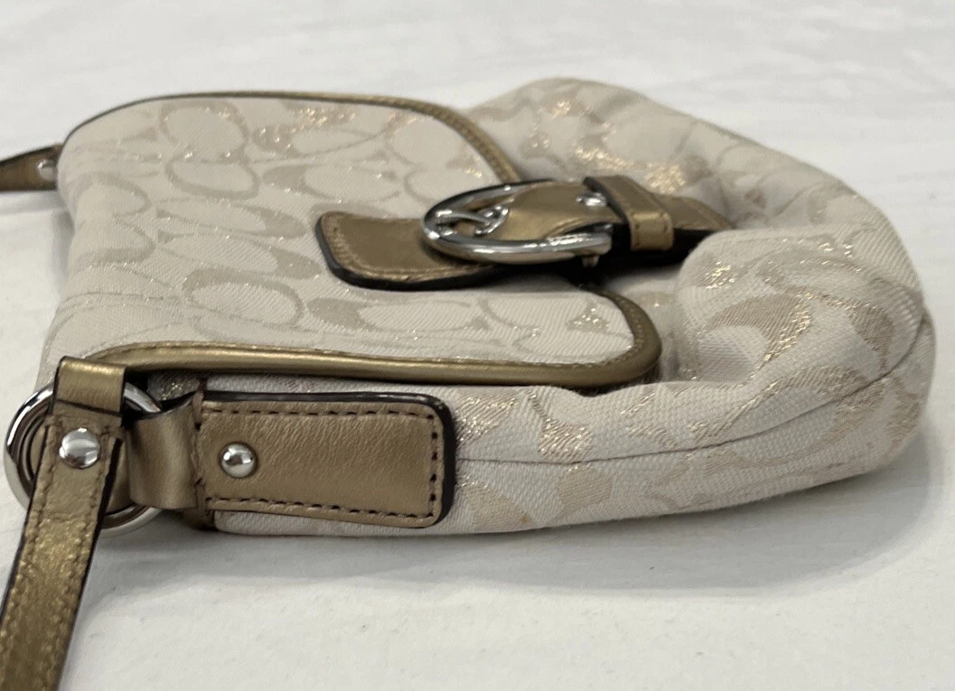 Borsa a tracolla Coach marrone e oro firmata jacquard fibbia patta