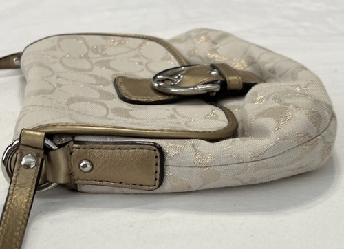 Coach Tan And Gold Signature Jacquard Buckle Flap Crossbody Bag Purse - Picture 7 of 13