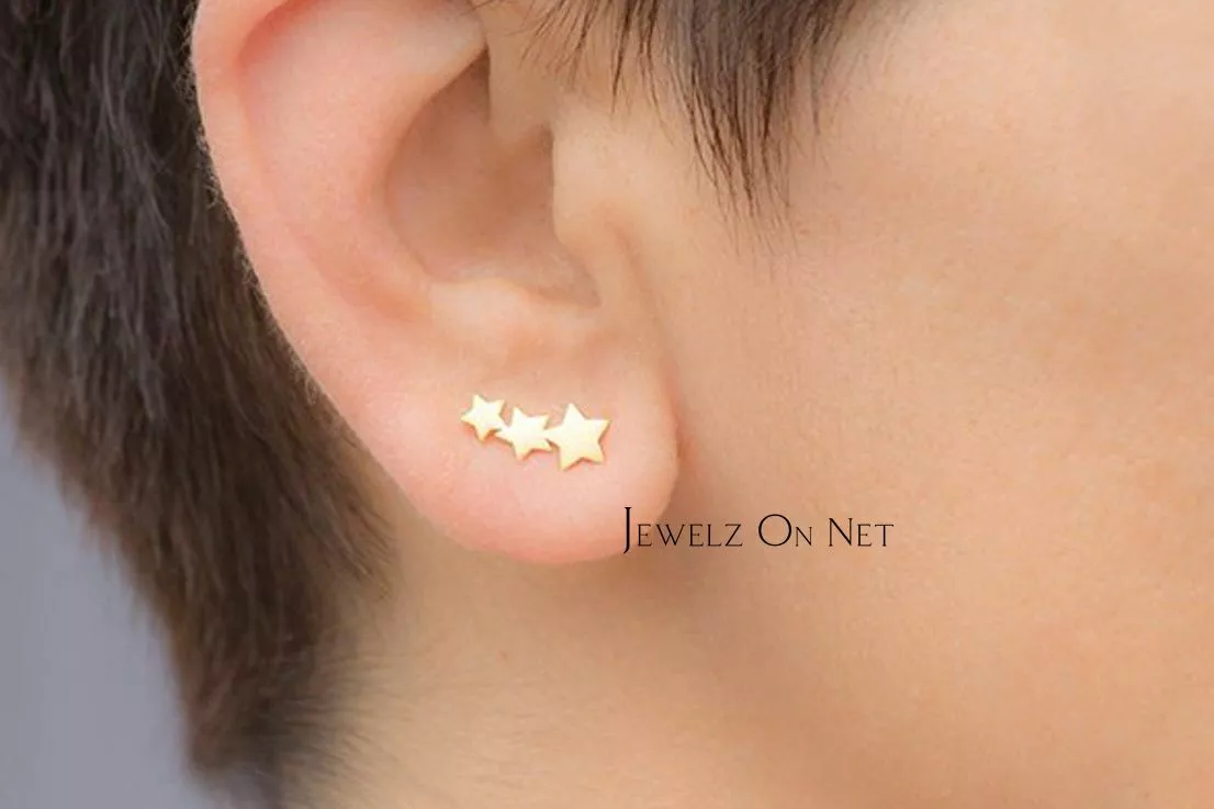 Gold 3 Star Stud Ear Climber Celestial Earrings eBay