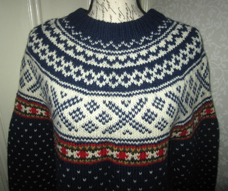 Vtg handknit Nordic style ski sweater, blue white red green yellow, unisex - Image 4 of 4
