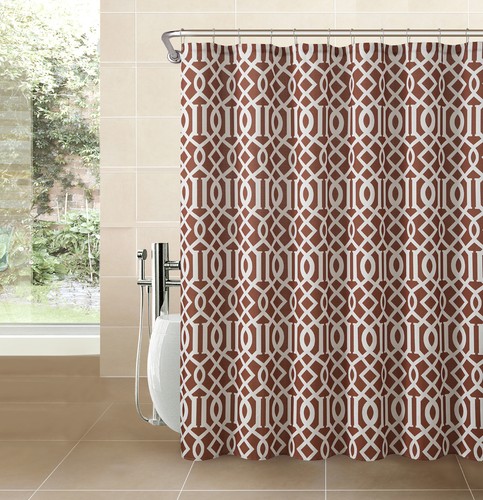 Cinnamon Rust Fabric Shower Curtain: White Imperial Trellis Design Print