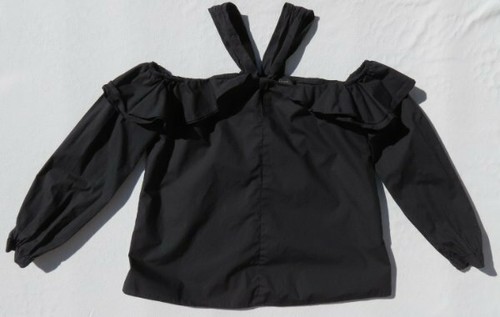 J CREW Black Cotton Poplin Off Shoulder Tie Neck Ruffle Blouse Shirt Top US XS 2 - Picture 4 of 5