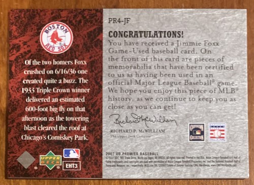 Jimmie FOXX 2007 UD Premier Remnants 4 Quad Bat Relic #PR4-JF 5/27 NM HOFer - Picture 2 of 2