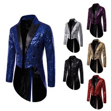 Mens Halloween Costume Sequin Tuxedo Jacket Tailcoat Dress Blazer Suit Jacket