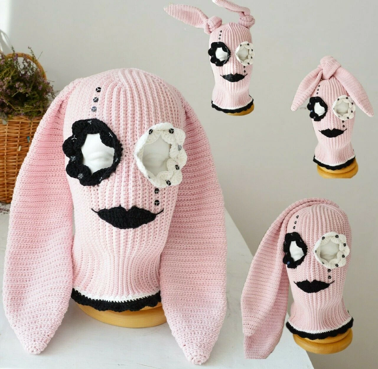 Bunny knitted balaclava ski mask pink women men Custom cute beanie hat with ears