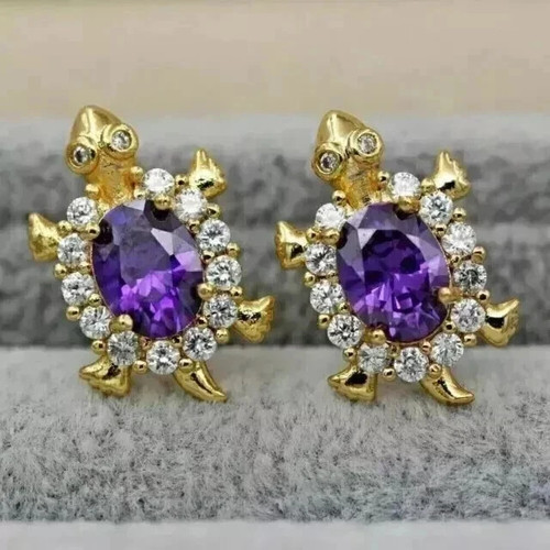 2.00Ct Oval Cut Lab Created Amethyst Turtle Stud Earring 14K Yellow Gold Plated - Picture 4 of 8