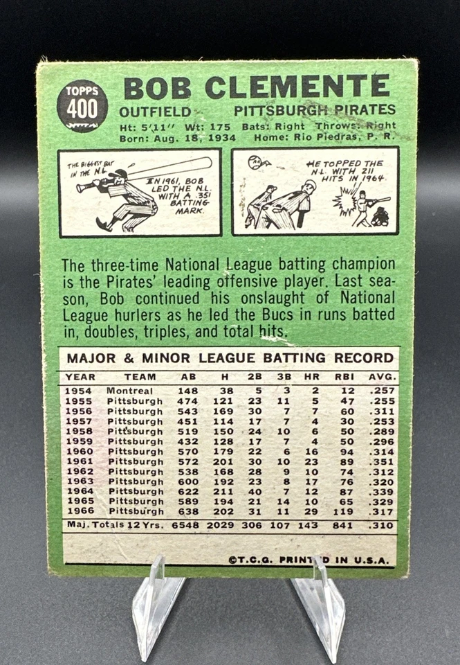 Tarjeta de béisbol Bob Clemente Roberto 1967 Topps #400 centrada Foto 2 de 2