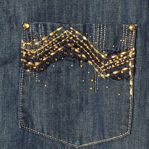 Chico's Womens Embellished Rhinestone Blue Denim Long Sleeve Button Up Shirt 3 - Picture 6 of 10