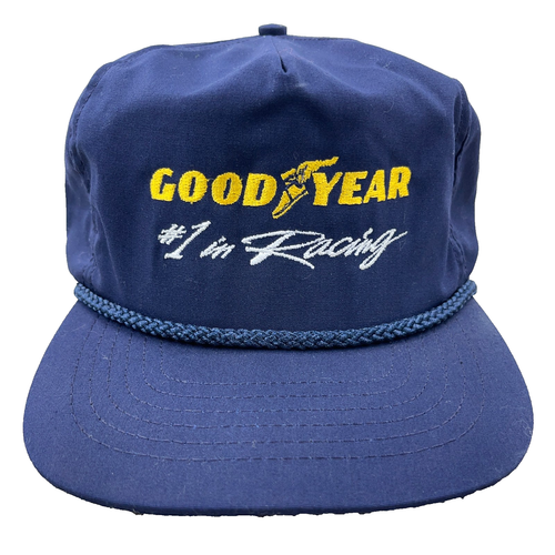 Vintage Goodyear Tires Trucker Hat Cap Snapback Rope 90s Made In USA Racing Blue