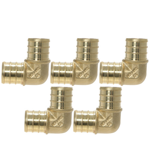 5 Pack XFITTING 3/4" Pex B Elbow, Lead Free Brass, Pex Barb Crimp Fittings