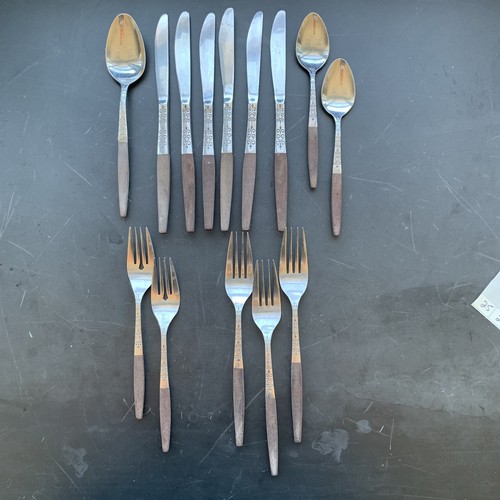 MCM Interpur INR2 Canoe Handle 11 Pc Japan Stainless Walnut Color Flatware Kitch - Picture 1 of 7