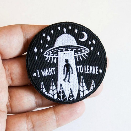 I WANT TO LEAVE IRON ON PATCH 3" Flying UFO Alien Abduction Embroidered Applique - Picture 5 of 5